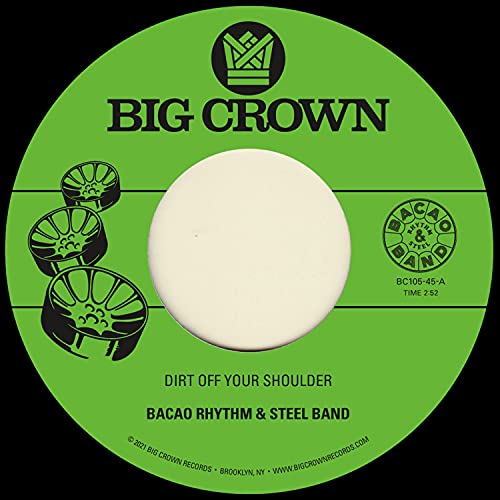 Green and black vinyl record label with steelpan illustrations.