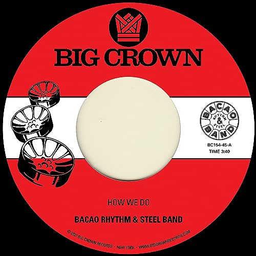 Red and white vinyl record label with steelpan drums illustration.