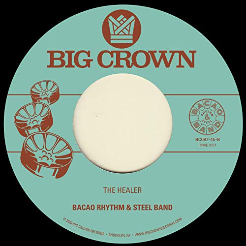 Light blue vinyl record label with Big Crown logo and steel drum illustrations.