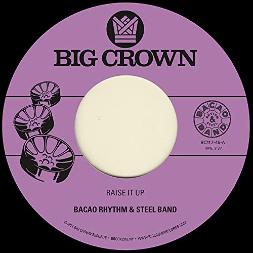 Vintage 7-inch vinyl record label with steelpan drums illustration.