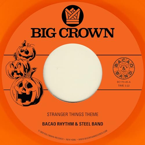 Orange vinyl record label featuring three jack-o'-lanterns, Big Crown logo, and band text.