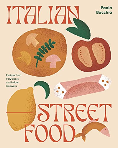 Book cover featuring stylized illustrations of Italian food items on a cream background.