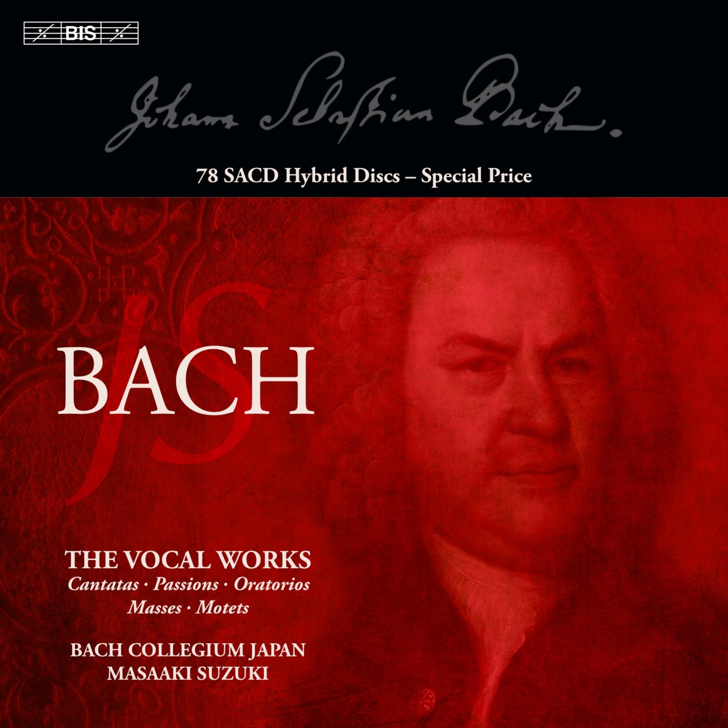 Album cover featuring a portrait of J.S. Bach on a red background with text.