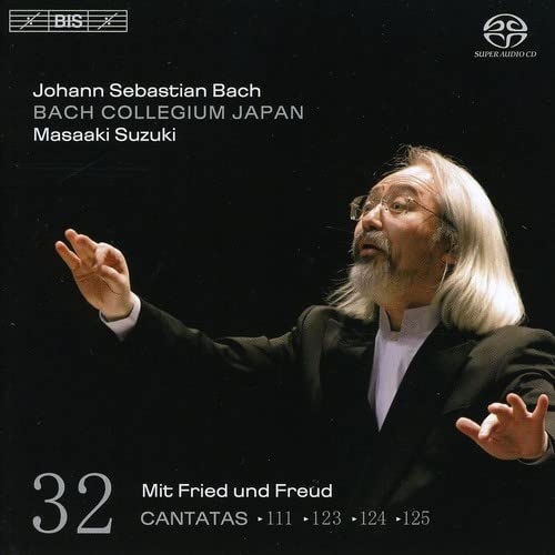 CD cover featuring conductor Masaaki Suzuki and text “Bach Cantatas Vol. 32”.