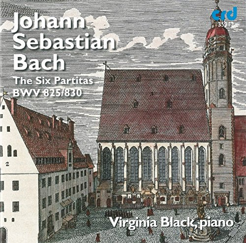 "Album cover with vintage church illustration, text 'Johann Sebastian Bach' and 'Virginia Black piano'."