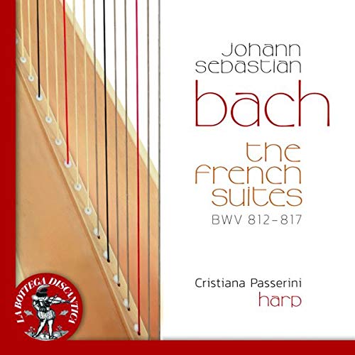 CD cover for Bach’s French Suites featuring a harp and text.