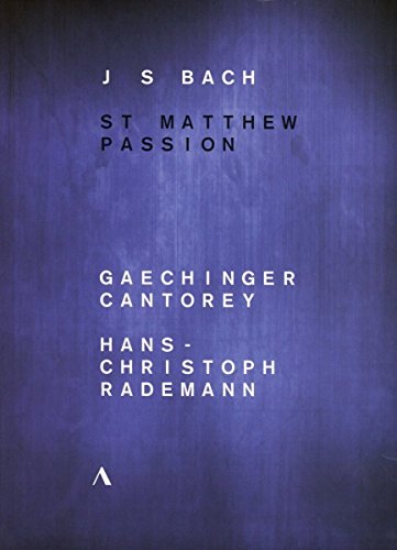 DVD cover for J.S. Bach's St. Matthew Passion with white text on blue background.