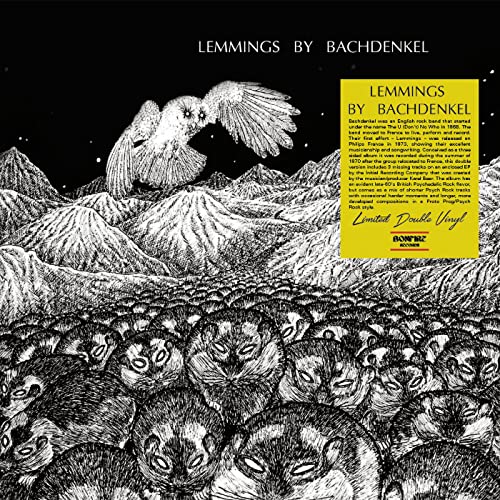 Black and white vinyl album cover depicting lemmings and mountains.