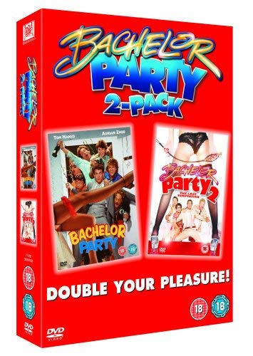 Red DVD box set with "Bachelor Party 2-Pack" text and two movie covers displayed.
