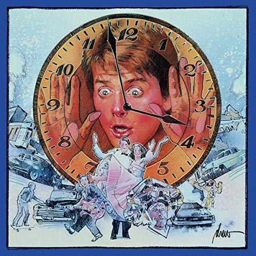 Illustrated Back to the Future movie poster featuring a large clock face and characters.
