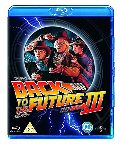 Back to the Future Part III Blu-ray cover featuring Marty, Doc, and Clara.