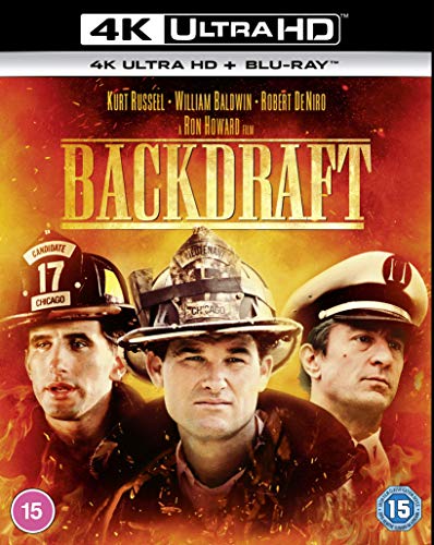 Backdraft 4K Ultra HD and Blu-ray cover featuring three firefighters against a fiery background.
