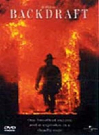 "Blurry DVD cover of 'Backdraft' showing a firefighter in front of a burning building."