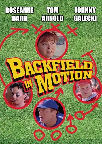 Backfield In Motion" DVD cover with actors Roseanne Barr, Tom Arnold, and Johnny Galecki.