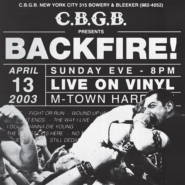 Black and white concert poster for Backfire! at CBGB's, 2003.