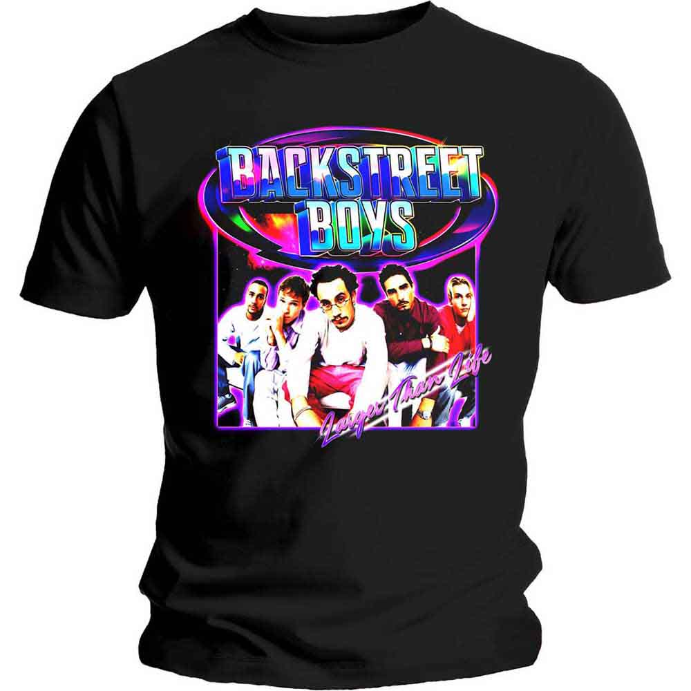 Black t-shirt featuring a Backstreet Boys graphic with the band members and neon text.