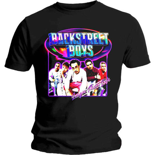 Black t-shirt featuring a Backstreet Boys graphic with the band members and neon text.