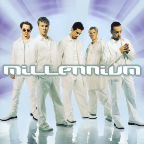 Backstreet Boys album cover, “Millennium”, featuring five men in white suits.