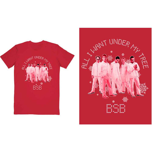 Unisex t-shirt featuring Backstreet Boys branding and "All I Want" Christmas themed graphics.