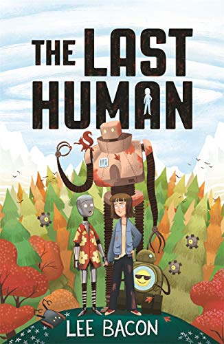 A girl and two robots stand in a forest with a squirrel and small drones.