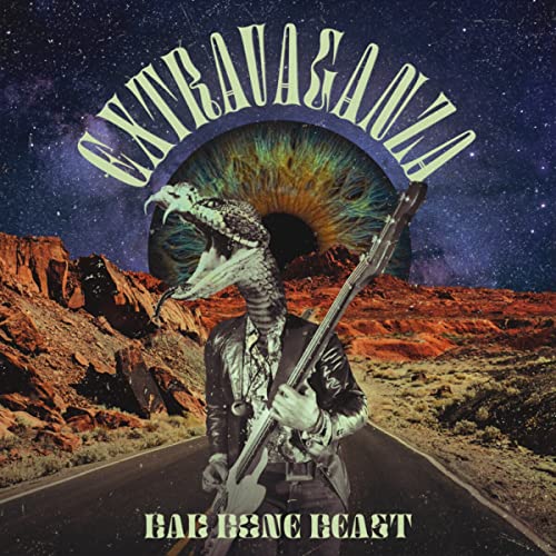 CD cover: snake-headed figure with bass guitar, eye, desert landscape.