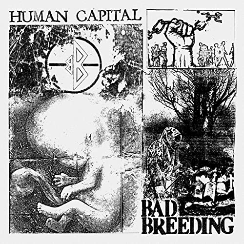 Black and white album cover with abstract figures and symbols.