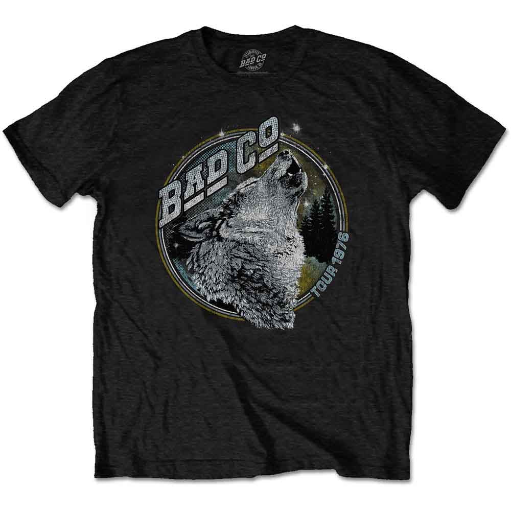 Black Bad Company t-shirt with a wolf howling at the moon graphic.