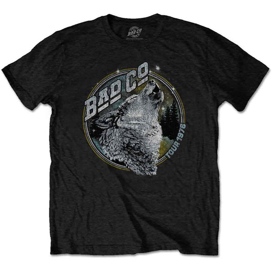 Black Bad Company t-shirt with a wolf howling at the moon graphic.