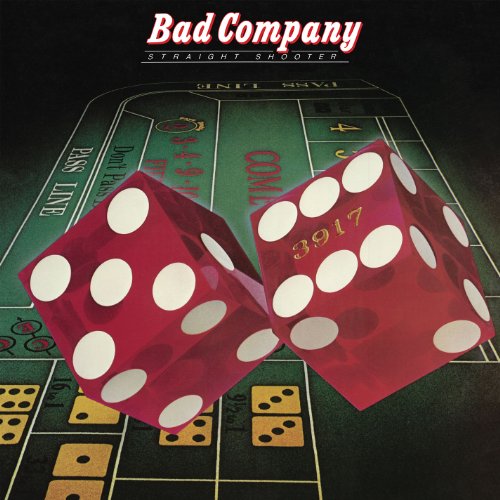 Album cover for Bad Company’s “Straight Shooter” featuring red dice on a craps table.