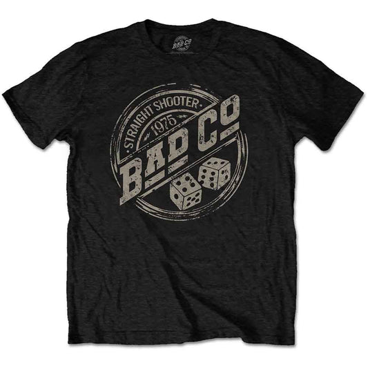 Black t-shirt with a distressed white and gray graphic of dice and text.