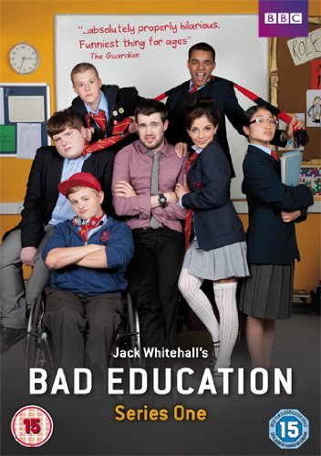 DVD cover for "Bad Education" featuring seven schoolchildren posing in a classroom.