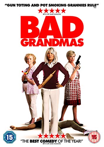 DVD cover for "Bad Grandmas" featuring three older women holding weapons, standing over a man.