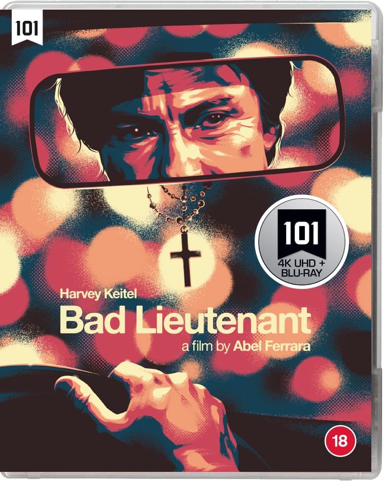 Blu-ray cover art featuring Harvey Keitel reflected in a rearview mirror above a cross.