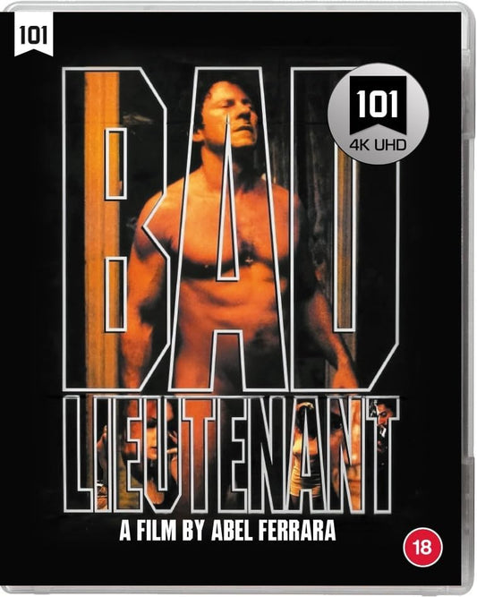 “Bad Lieutenant” 4K-UHD Blu-ray cover with a shirtless man and bold title.