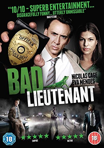 DVD cover for Bad Lieutenant featuring Nicolas Cage, Eva Mendes, and a green lizard.