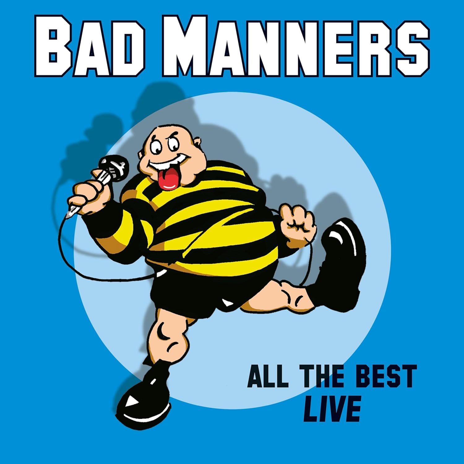 Cartoon of a man in a yellow and black striped shirt singing on stage.