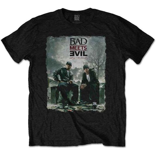 Black XXL t-shirt with "Bad Meets Evil" graphic of three figures.