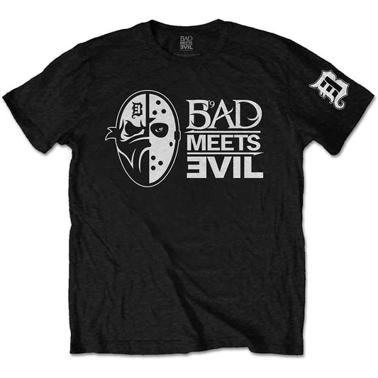 Man wearing a black t-shirt with stacked "BAD MEETS EVIL" text.