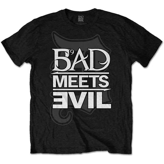 Black t-shirt with white “Bad Meets Evil” text and shield graphic.
