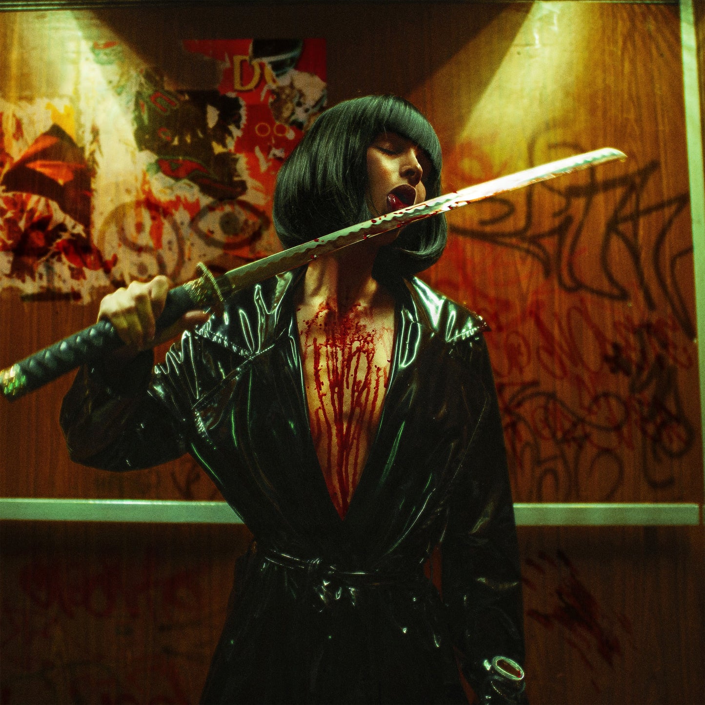 Woman with katana, blood, and graffiti-covered walls; vinyl soundtrack cover.
