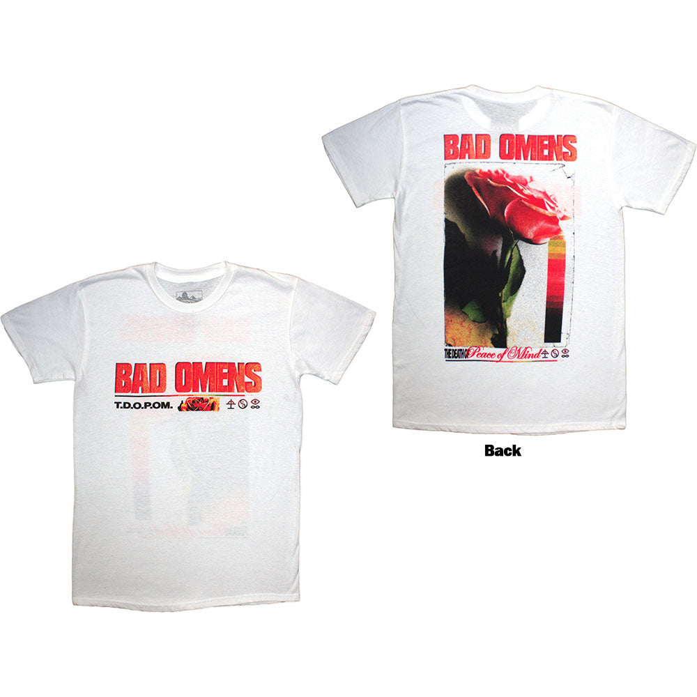 White t-shirt with red Bad Omens text, a rose graphic, and small symbols.