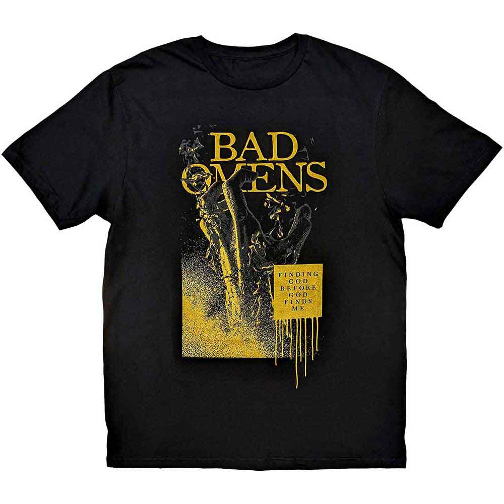Black unisex t-shirt featuring a graphic print of the Bad Omens Holy Water design.