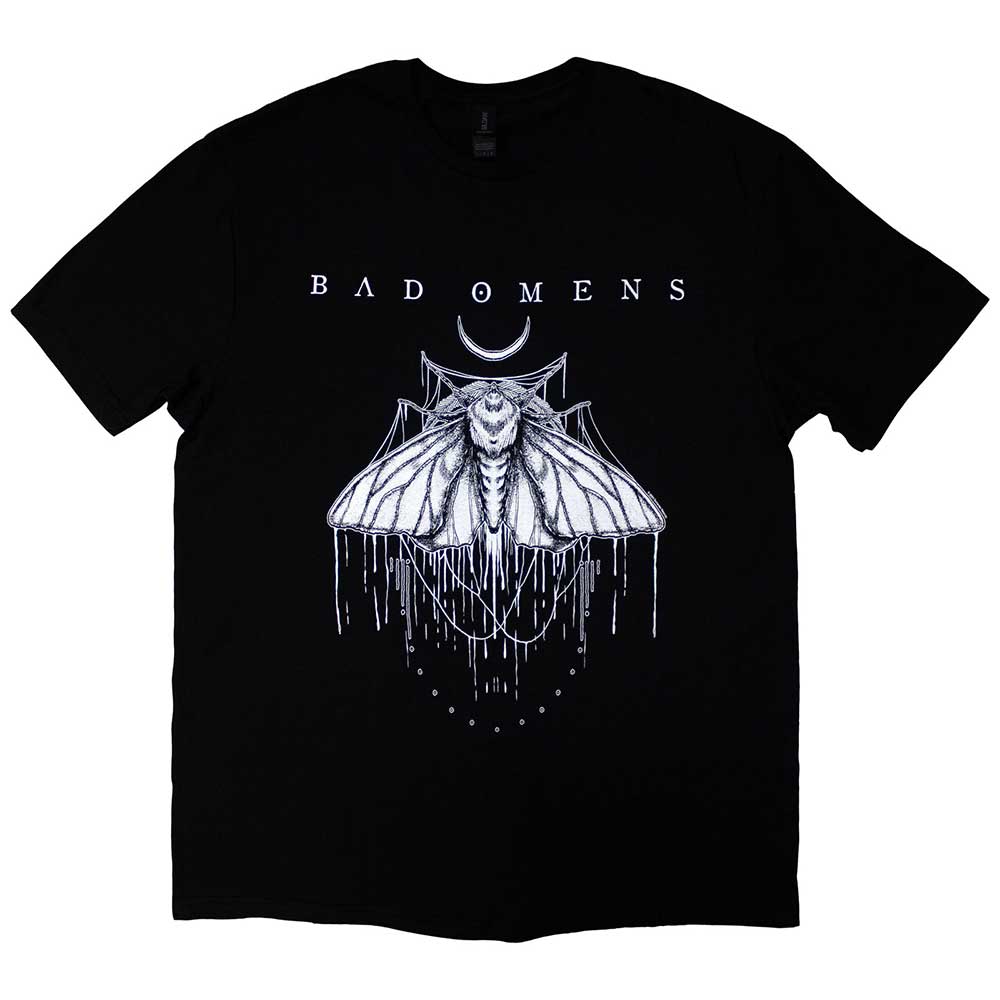 Black t-shirt with a white moth graphic, likely band-related imagery.