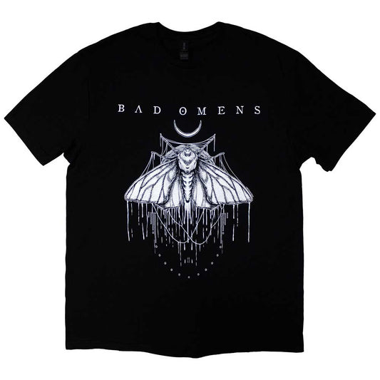 Black t-shirt with a white moth graphic, likely band-related imagery.