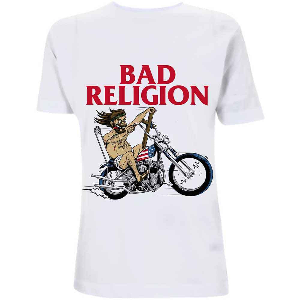 White t-shirt with "Bad Religion" logo and motorcycle-riding Jesus graphic.