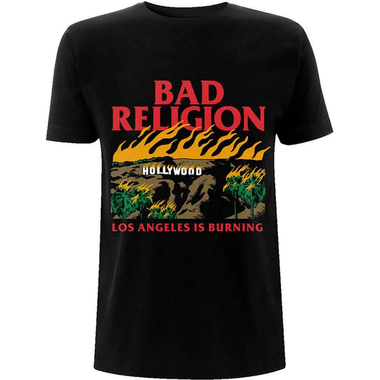 Black Bad Religion t-shirt with fiery Hollywood landscape graphic.