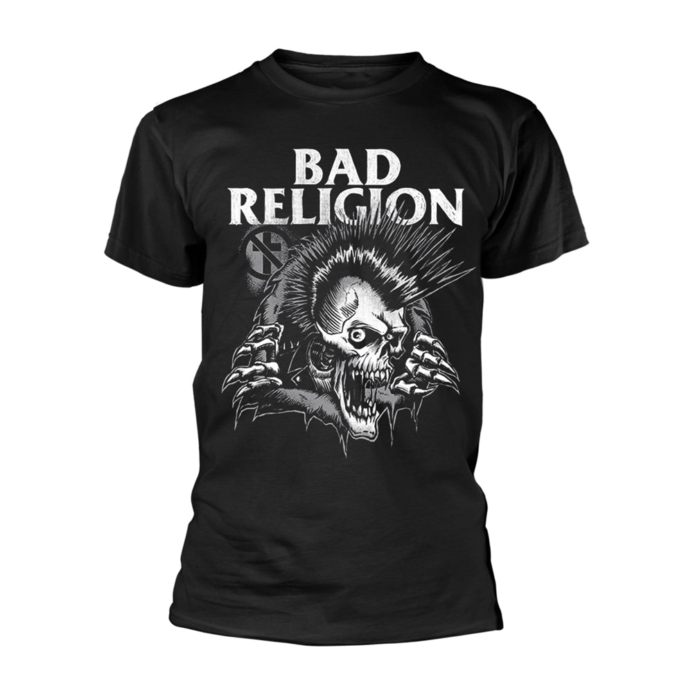 Black t-shirt with white Bad Religion logo and skull graphic.