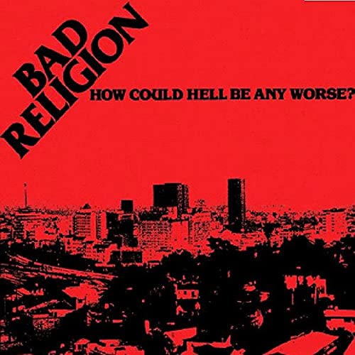 Bad Religion album cover featuring a black city skyline silhouette against a bright red background.