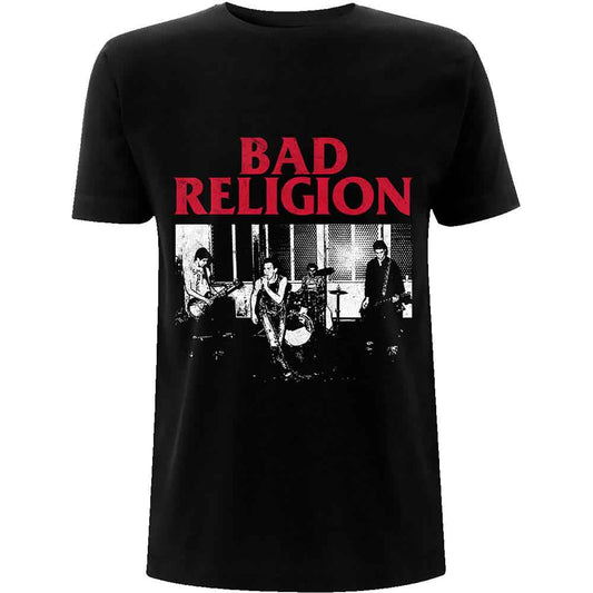 Black Bad Religion t-shirt with a red logo and a black and white band photo.