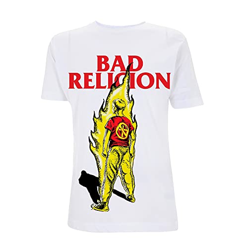 White t-shirt with Bad Religion text and a graphic of a burning person.